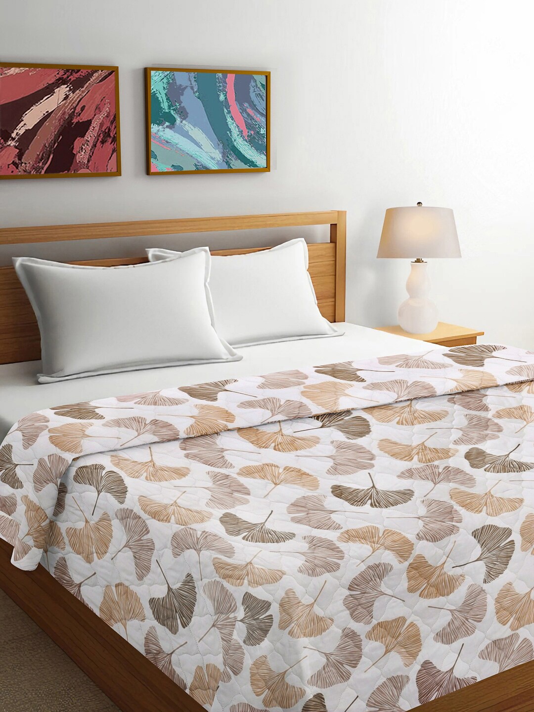 FABINALIV White & Brown Floral Reversible Mild Winter 350 GSM Double Bed Comforter