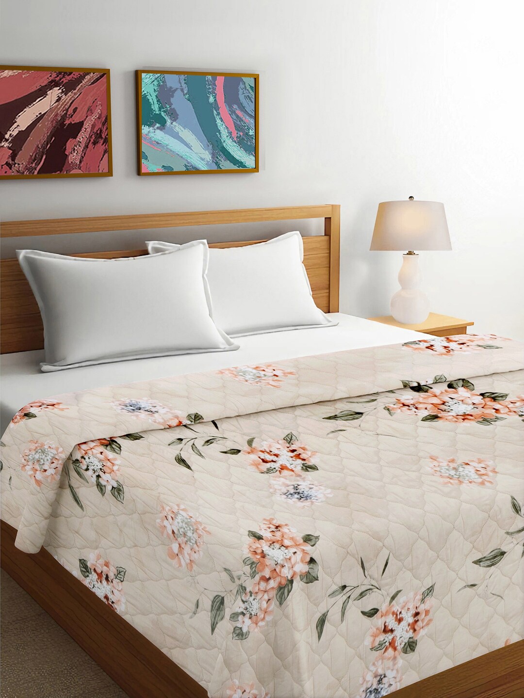 

FABINALIV White & Brown Floral Reversible Mild Winter 350 GSM Double Bed Comforter, Cream