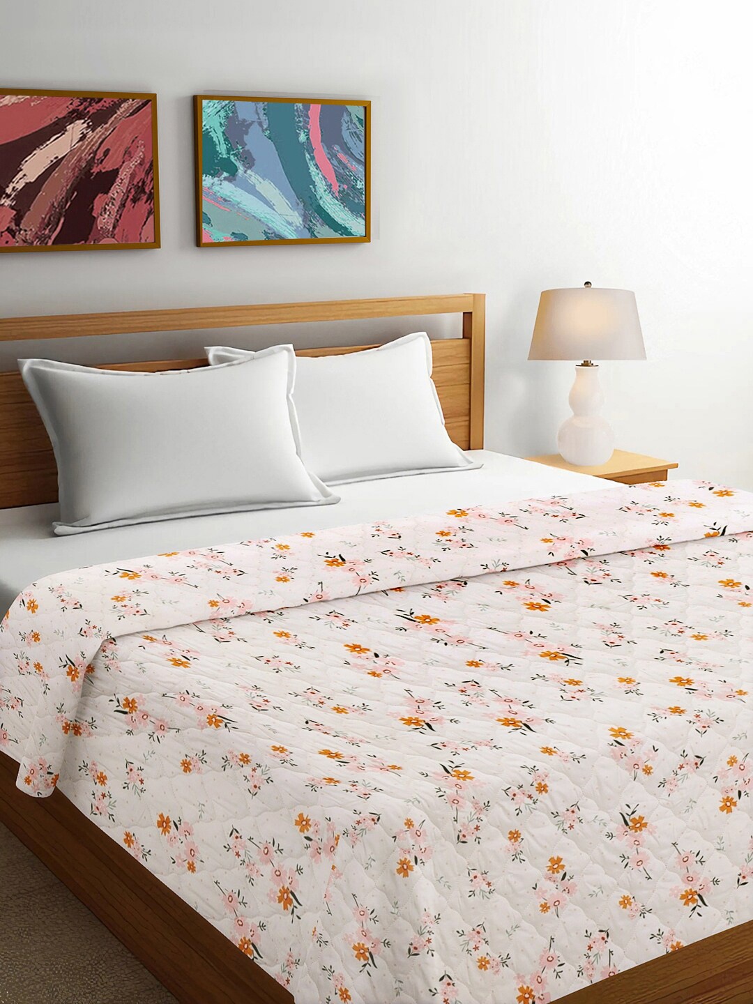 

FABINALIV White & Pink Floral Reversible Mild Winter 350 GSM Double Bed Comforter