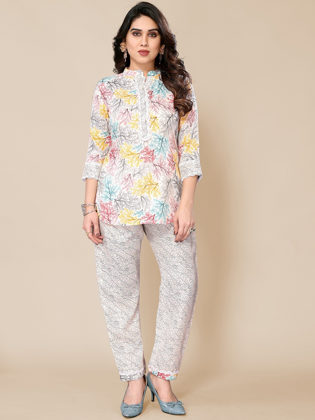

PYARI - A style for every story Printed Short Kurti With Trousers, White