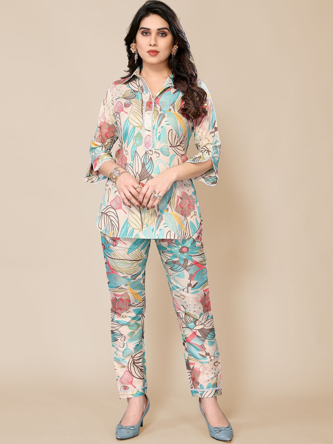 

PYARI - A style for every story Floral Printed Shirt Collar Top With Trousers, Beige