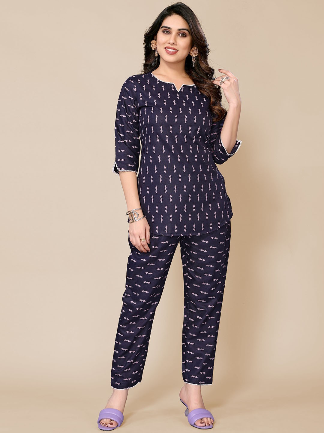 

PYARI - A style for every story Abstract Printed Top & Trousers Co-Ords Set, Navy blue