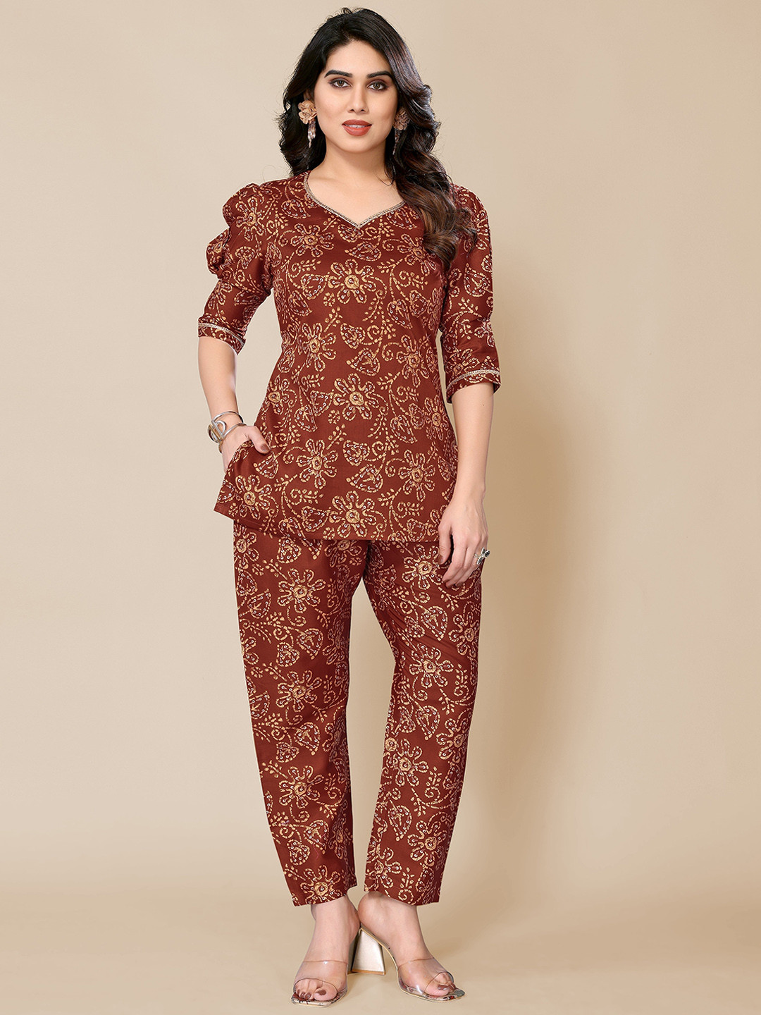 

PYARI - A style for every story Printed Pure Cotton Top With Trouser, Brown
