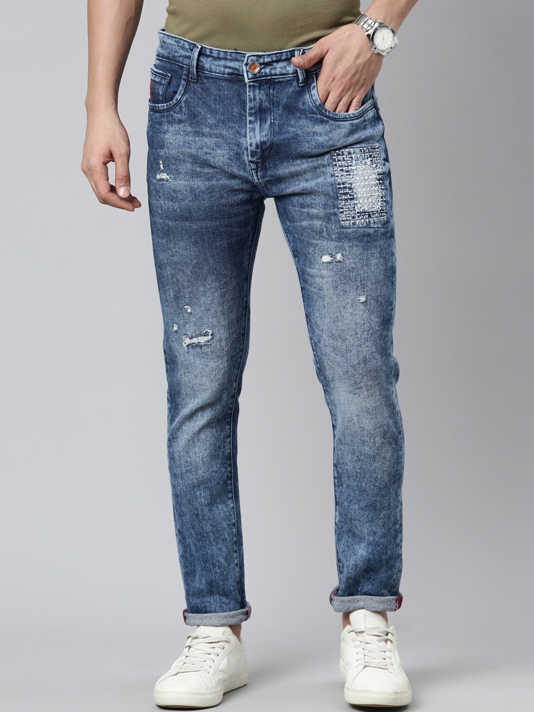 

CINOCCI Men Slim Fit Highly Distressed Heavy Fade Stretchable Cotton Jeans, Blue