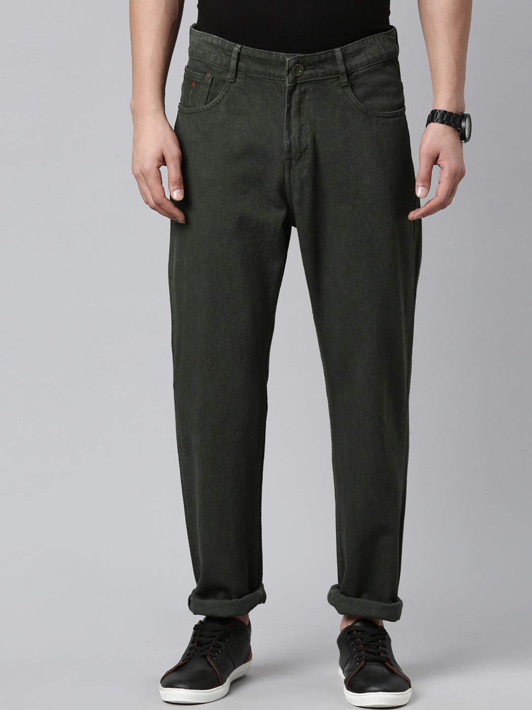 

CINOCCI Men Relaxed Fit Clean Look Cotton Jeans, Olive