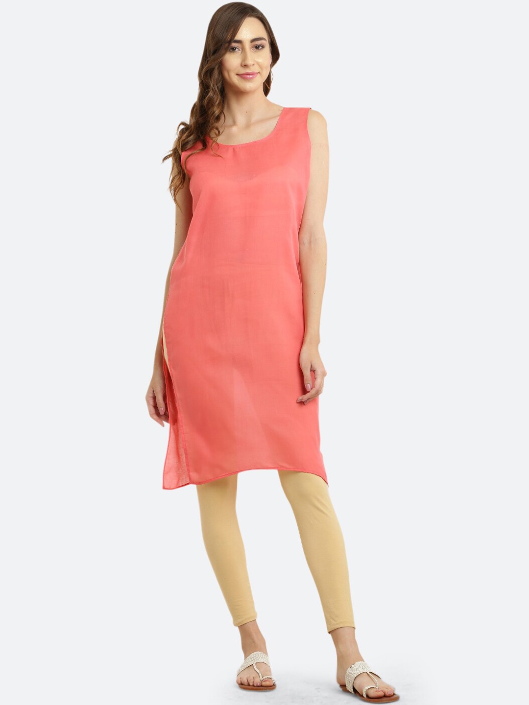 

FAWOMENT Round Neck Sleeveless Cotton Straight Kurta, Peach