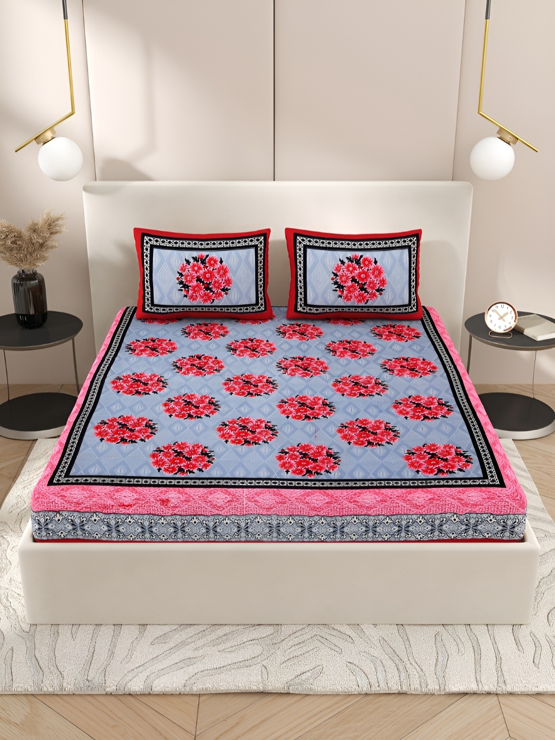 

Wayne Martin Blue & Red Floral Cotton 330 TC King Bedsheet With 2 Pillow Covers