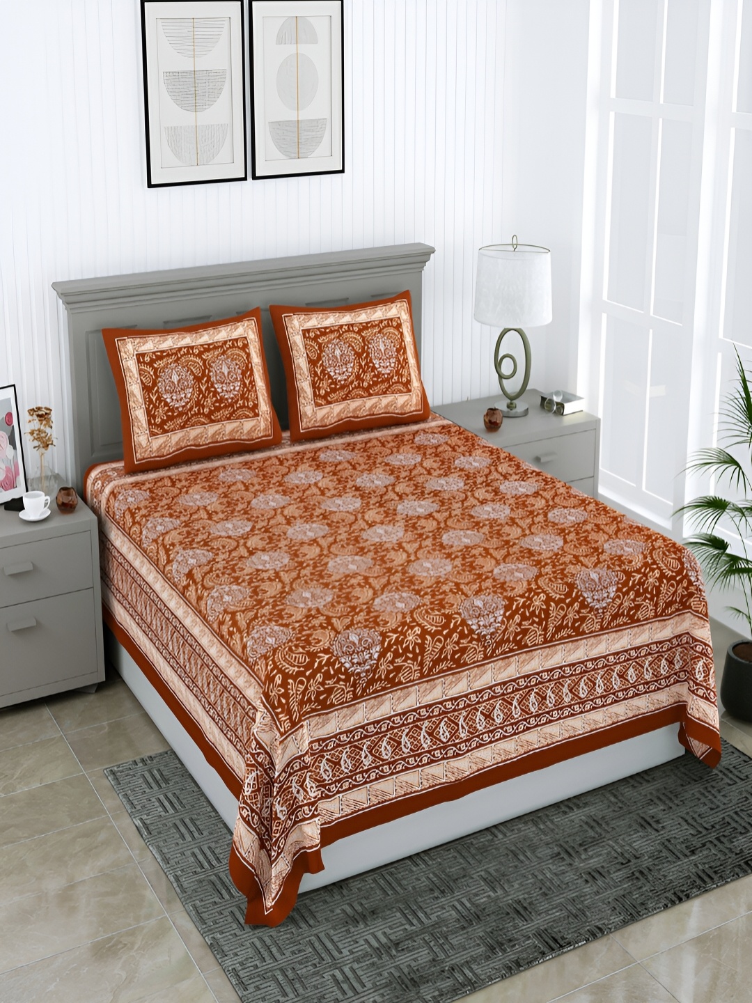 

Wayne Martin Brown Printed Pure Cotton 210 TC Queen Bedsheet with 2 Pillow Covers