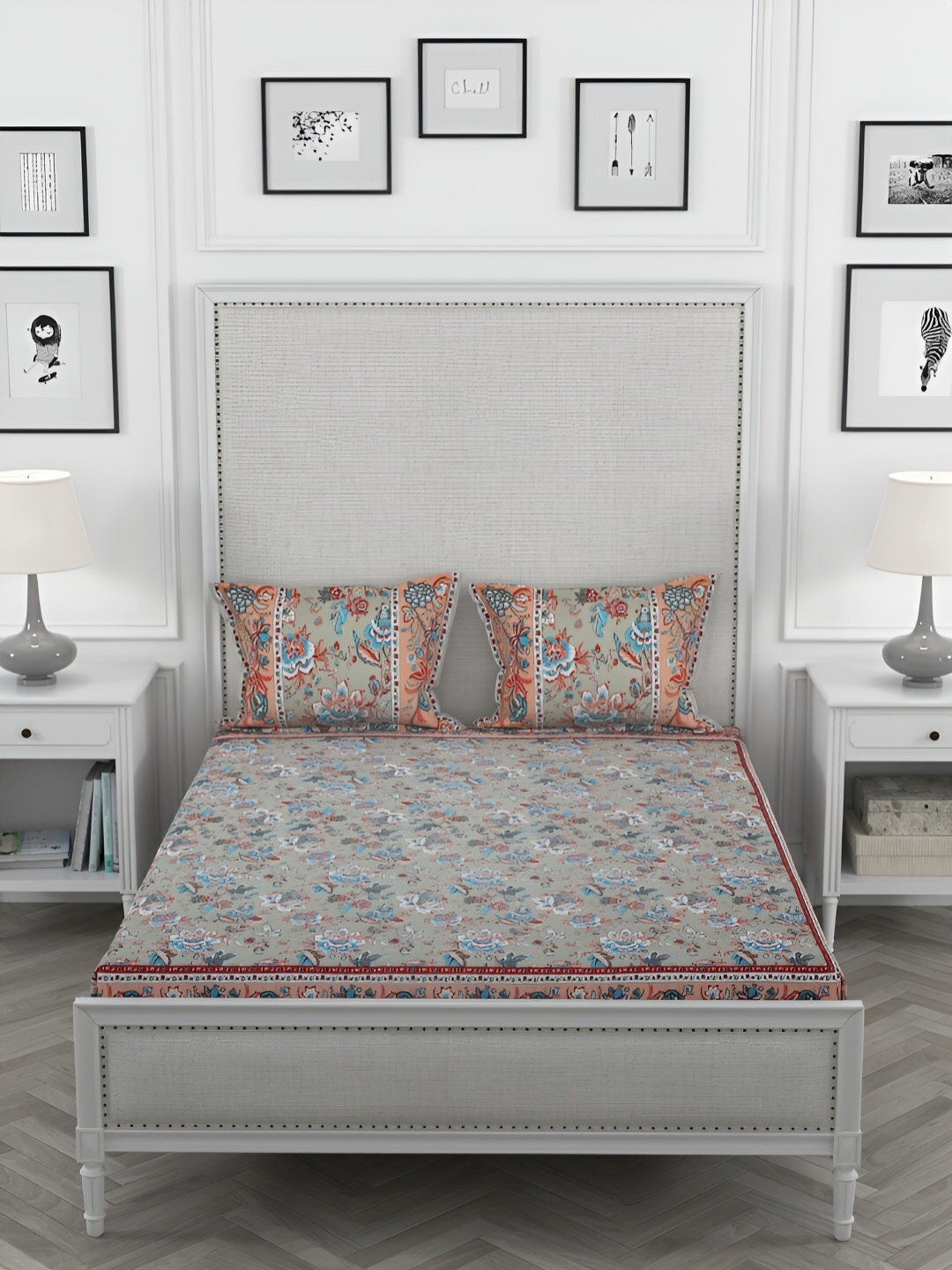 

Wayne Martin Grey and Blue Floral 330 TC King Bedsheet with 2 Pillow Covers