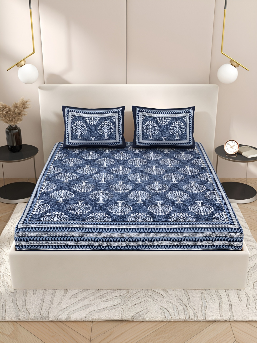 

Wayne Martin Navy Blue & White Floral Cotton 210 TC Queen Bedsheet With 2 Pillow Covers