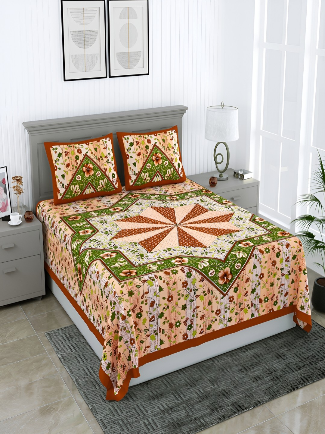 

Wayne Martin Brown & Green Floral Cotton 210 TC Queen Bedsheet with 2 Pillow Covers