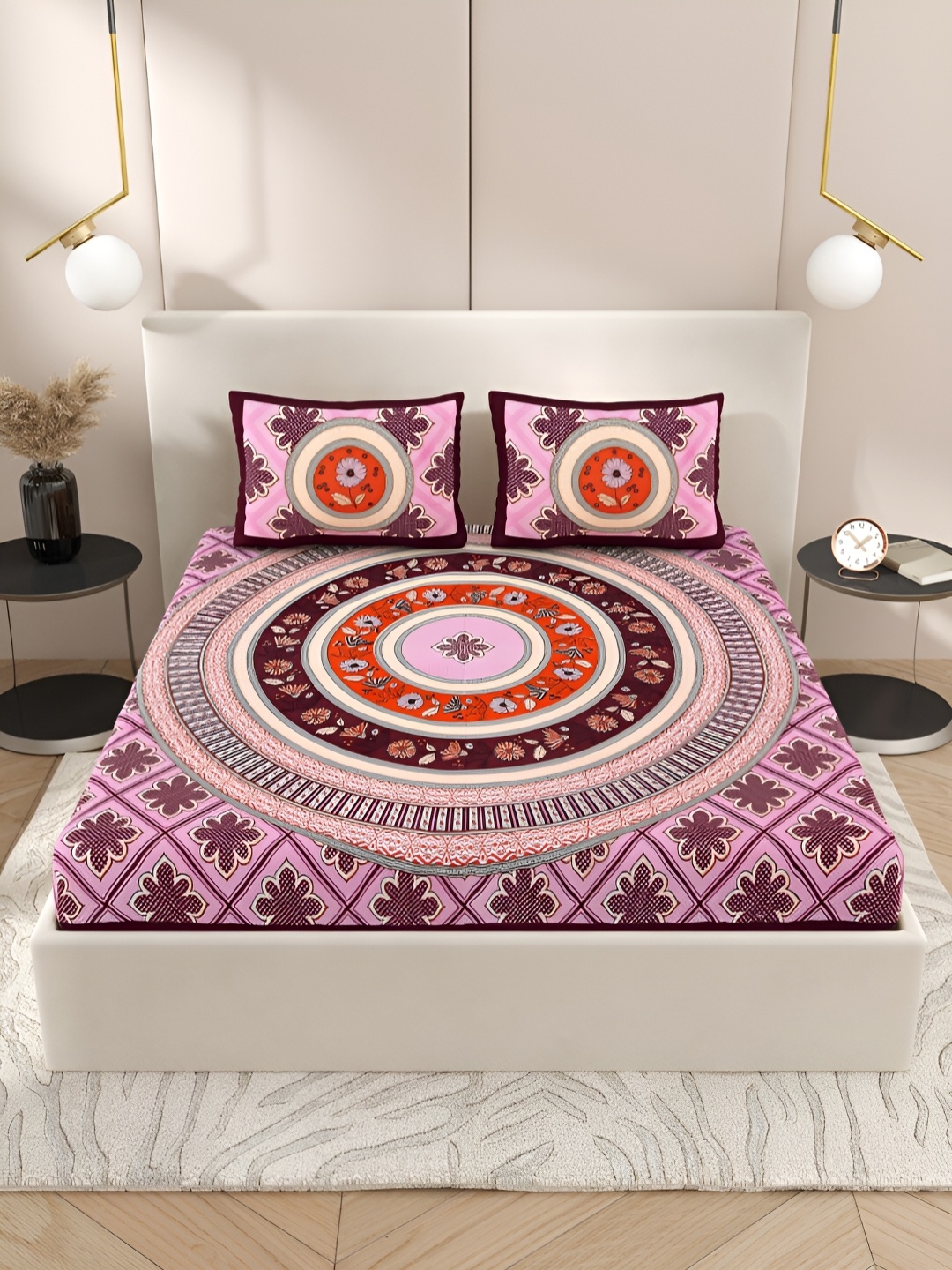 

Wayne Martin Purple & Orange Floral Pure Cotton 210 TC Queen Bedsheet with 2 Pillow Covers