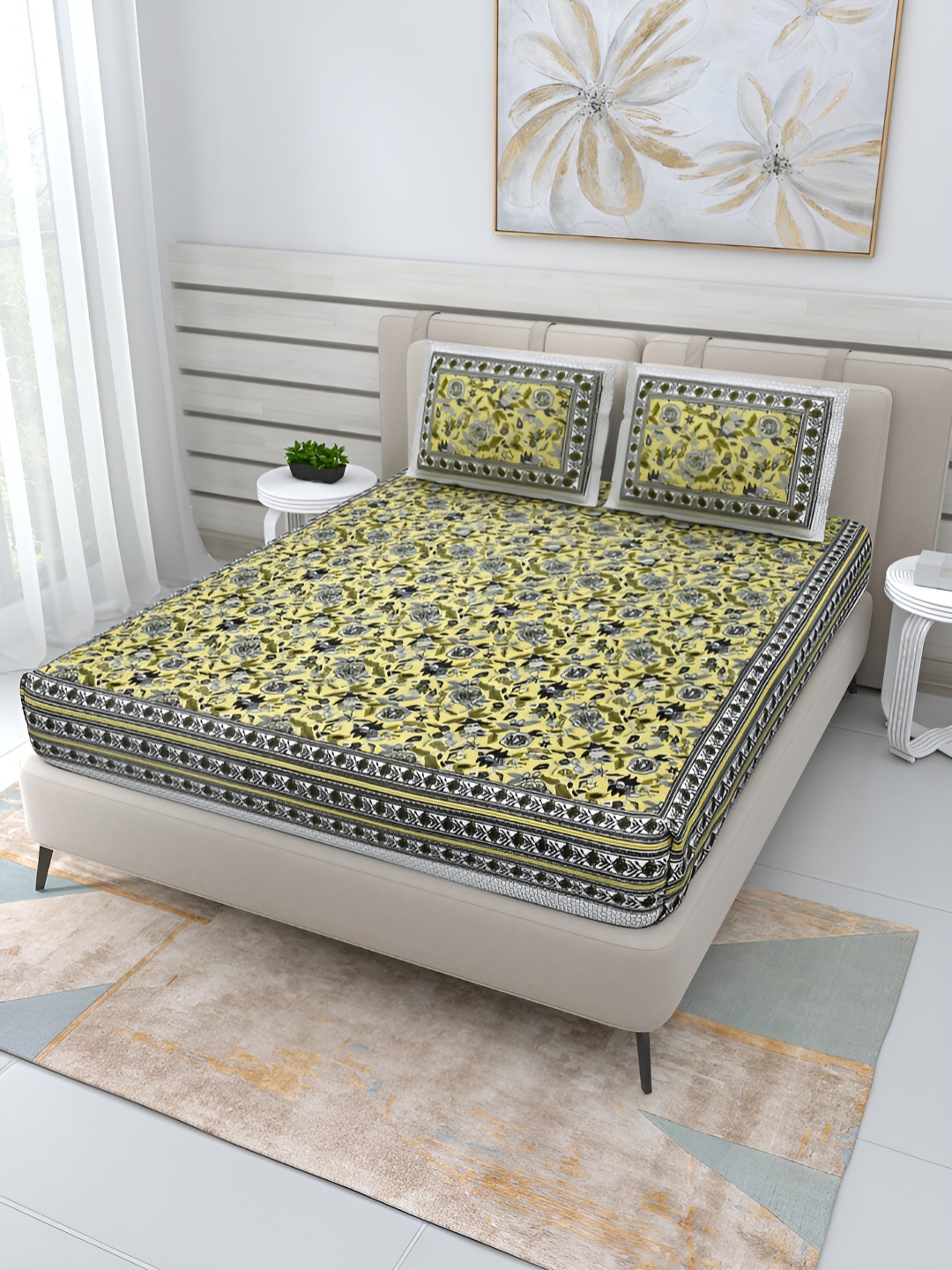 

Wayne Martin Yellow Floral Cotton 210 TC Queen Bedsheet with 2 Pillow Covers
