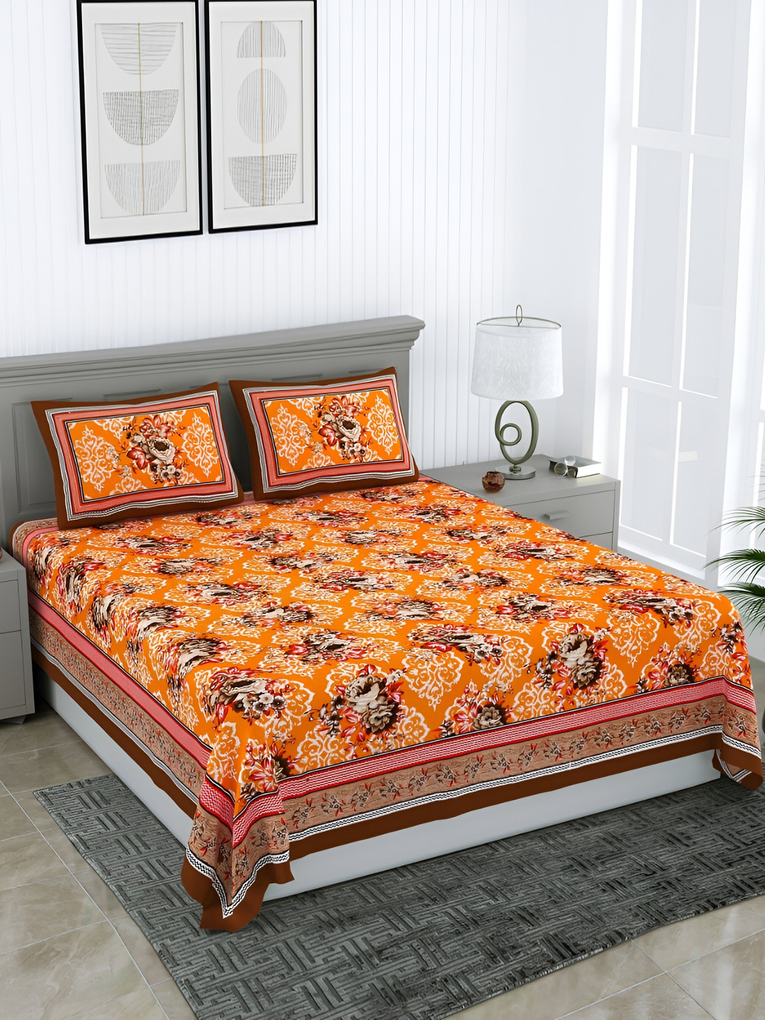 

Wayne Martin Orange Floral Cotton 210 TC Queen Bedsheet with 2 Pillow Covers