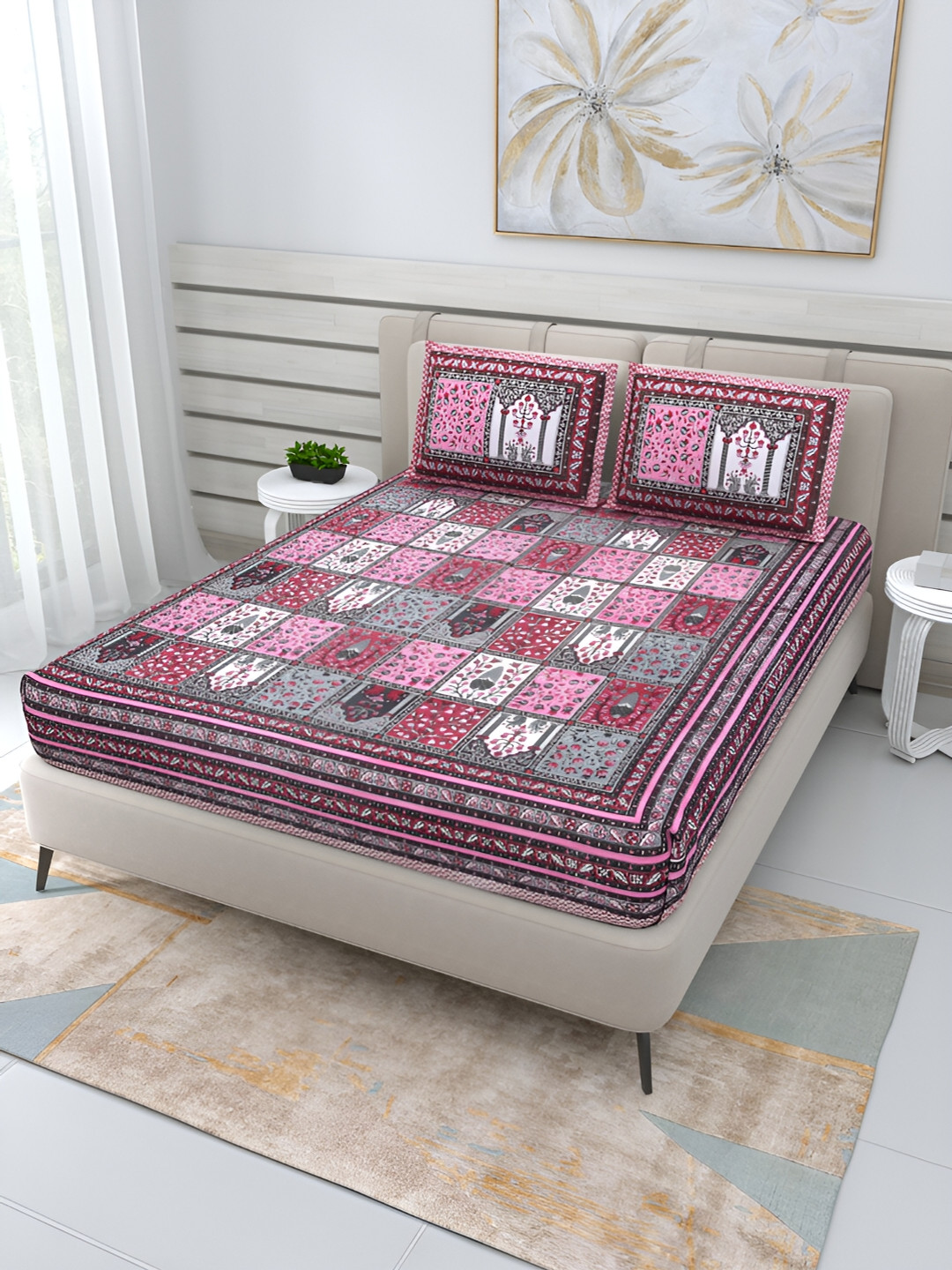 

Wayne Martin Pink Floral Pure Cotton 210 TC Double Queen Bedsheet with 2 Pillow Covers