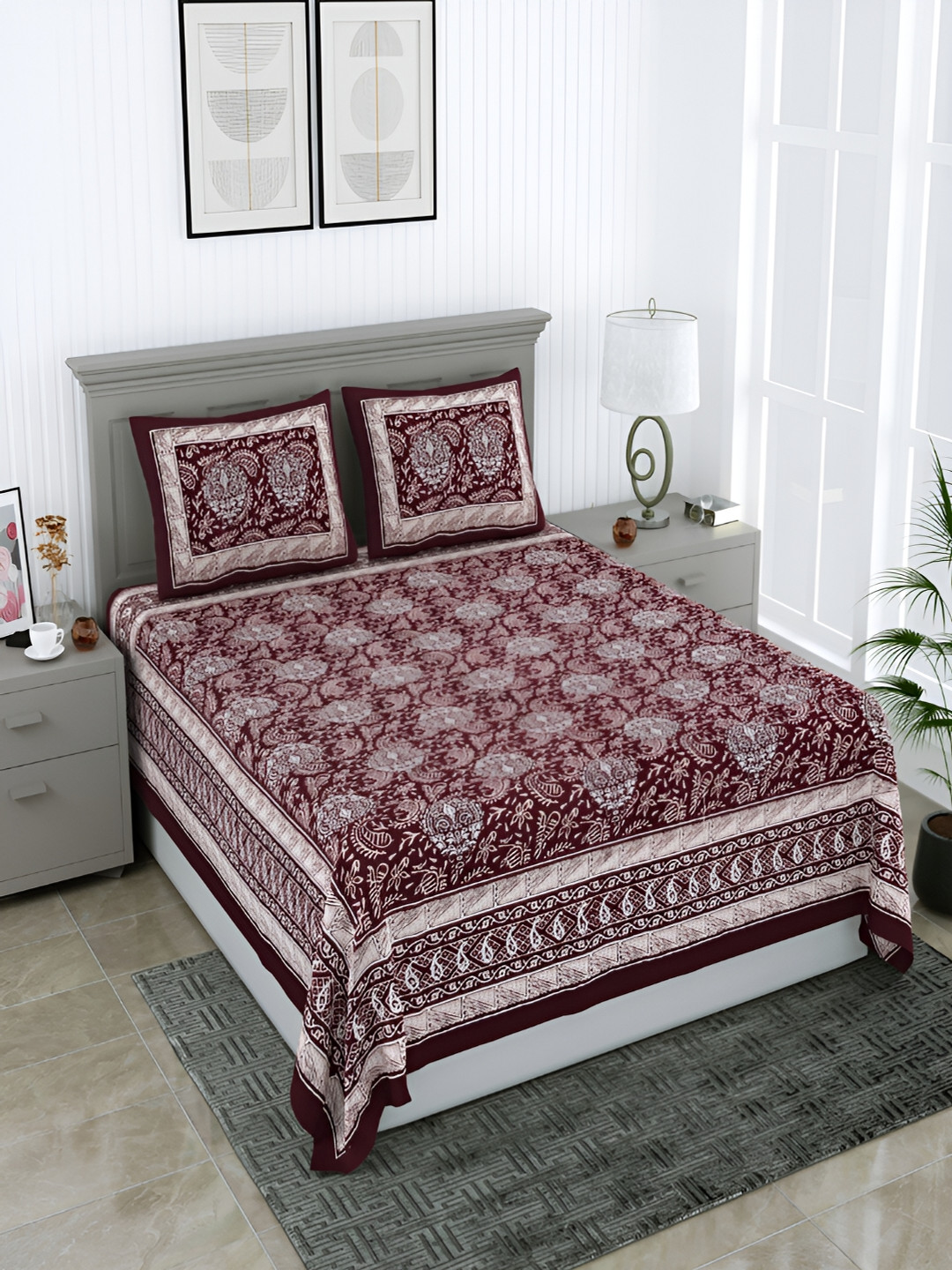 

Wayne Martin Beige and Maroon Floral 210 TC Queen Bedsheet with 2 Pillow Covers