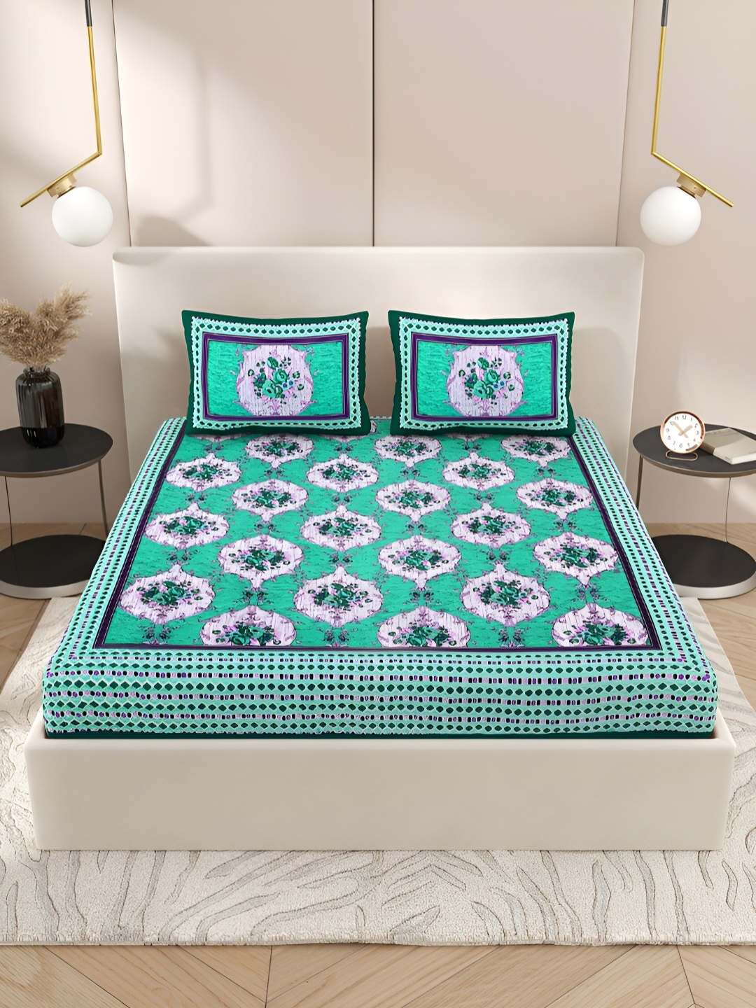 

Wayne Martin Teal Green & White Floral Cotton 210 TC Queen Bedsheet With 2 Pillow Covers