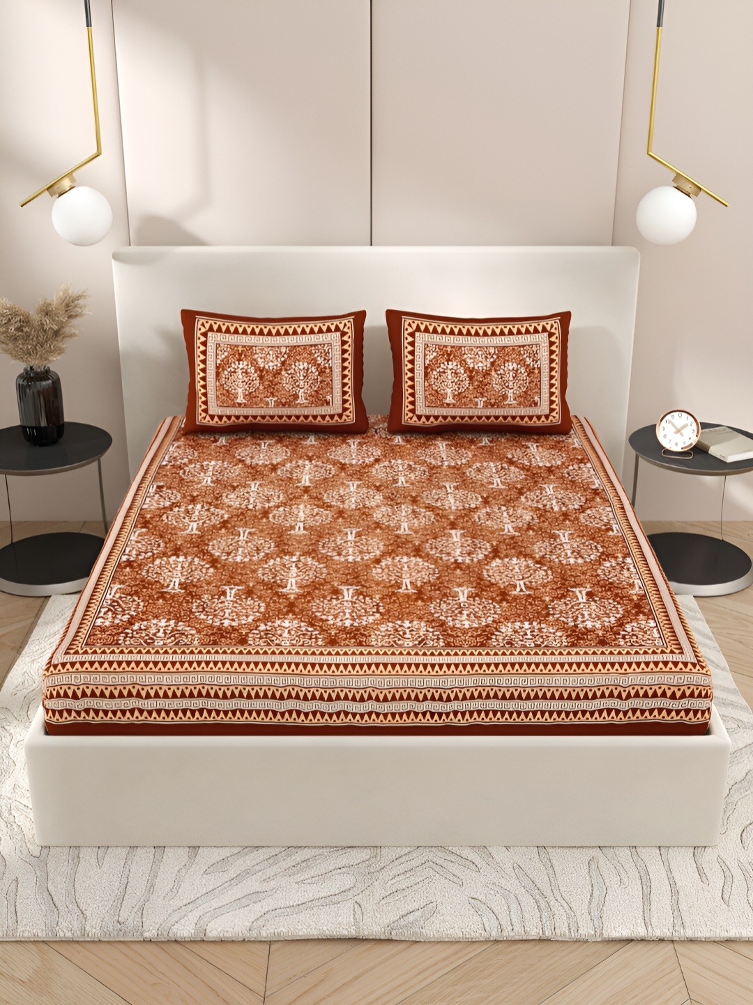 

Wayne Martin Brown Floral Cotton 210 TC Queen Bedsheet with 2 Pillow Covers