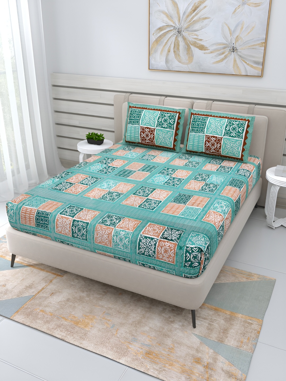 

Wayne Martin Teal Floral Cotton 210 TC Queen Bedsheet with 2 Pillow Covers