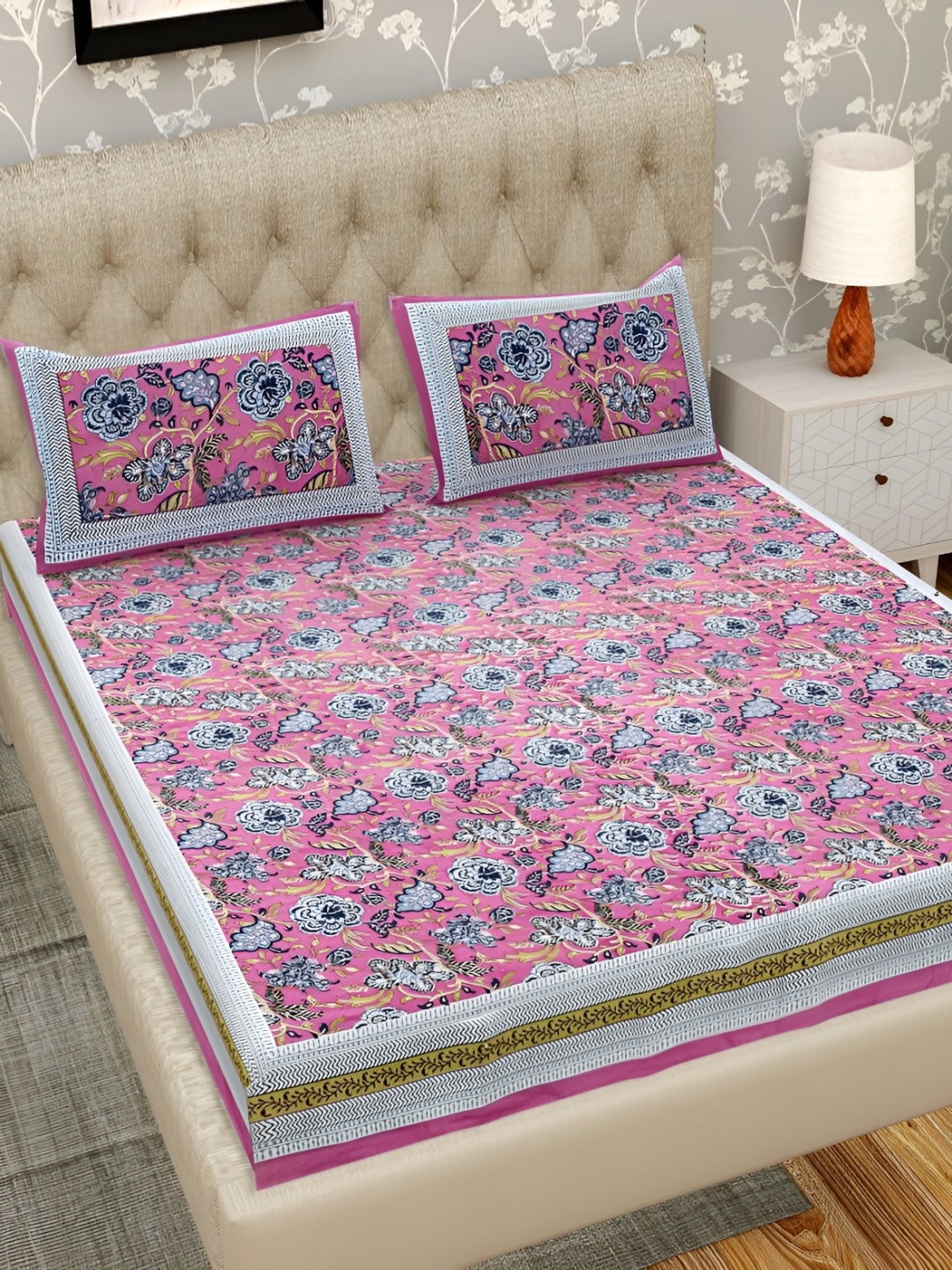 

Wayne Martin Pink Floral Cotton 330 TC King Bedsheet with 2 Pillow Covers