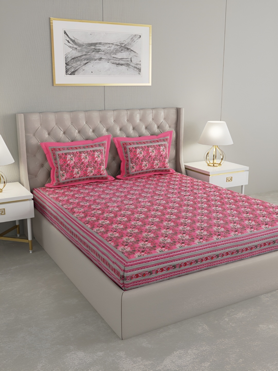 

Wayne Martin Pink & Grey Floral Cotton 330 TC King Bedsheet With 2 Pillow Covers