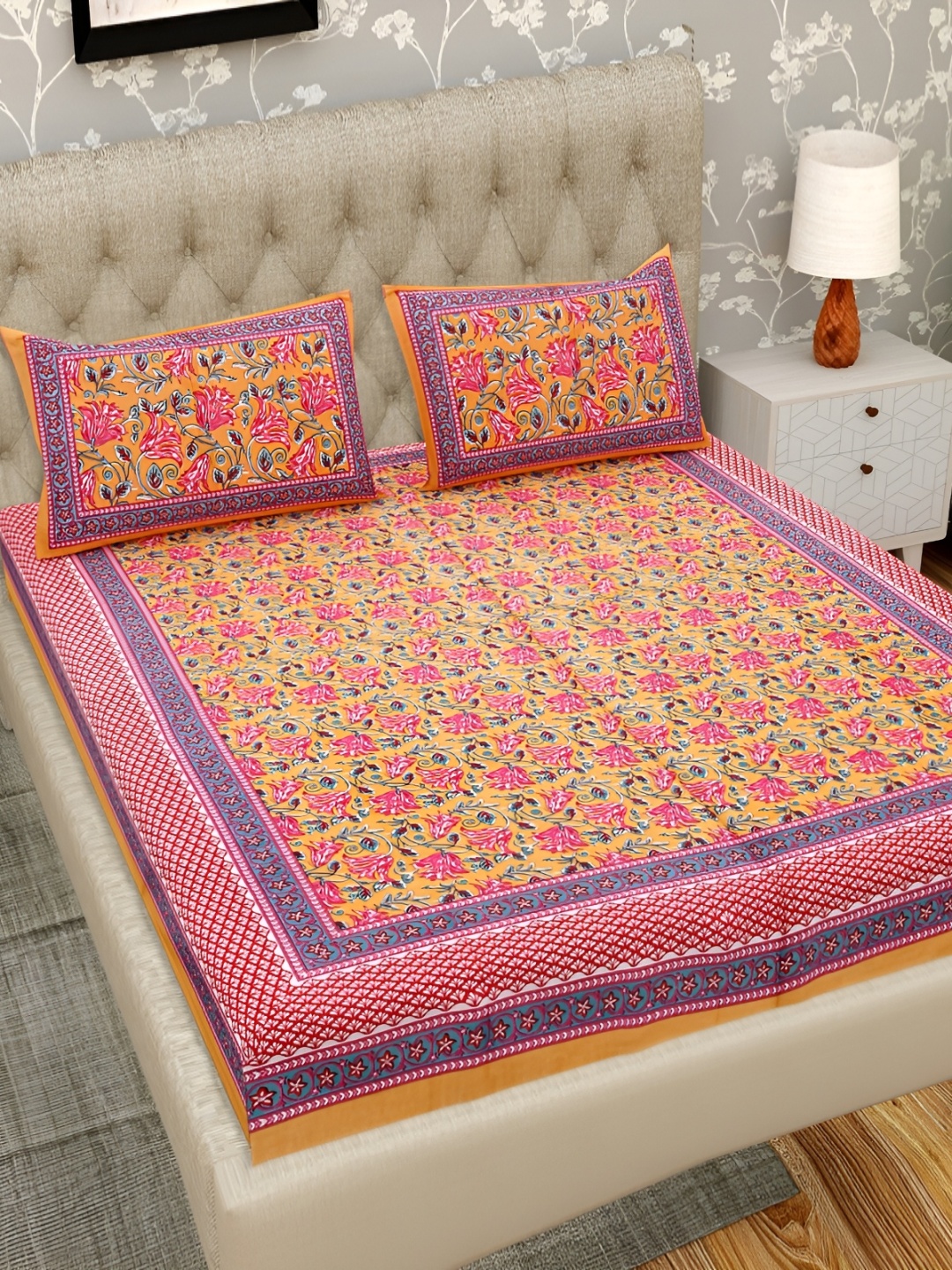 

Wayne Martin Orange & Pink Floral Cotton 330 TC King Bedsheet With 2 Pillow Covers