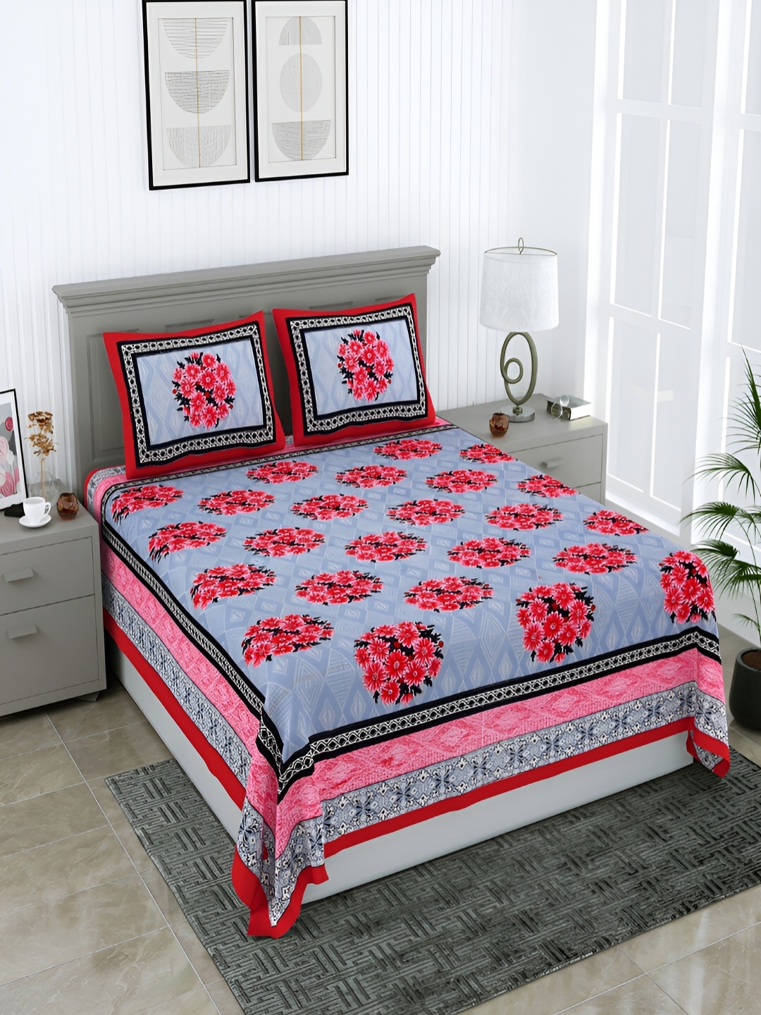 

Wayne Martin Red & Black Floral Cotton 210 TC Queen Bedsheet With 2 Pillow Covers