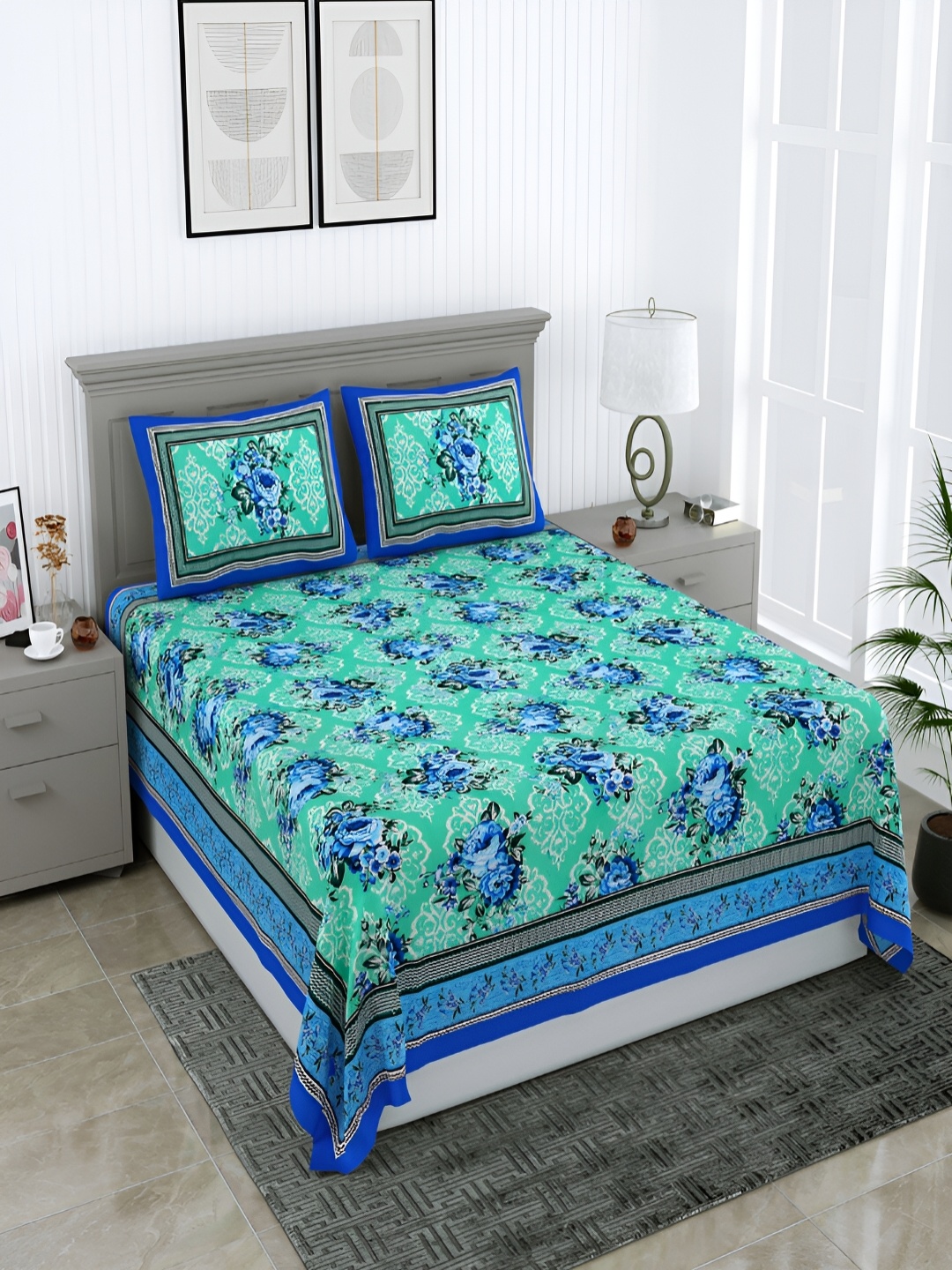 

Wayne Martin Teal & Blue Floral Cotton 210 TC Queen Bedsheet With 2 Pillow Covers
