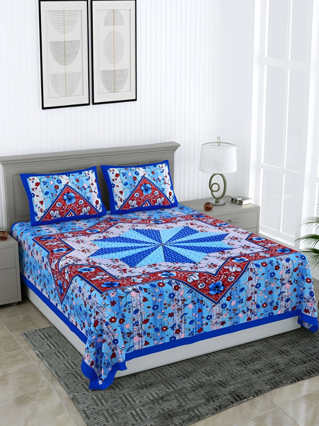 

Wayne Martin Blue and Red Floral 210 TC Queen Bedsheet with 2 Pillow Covers