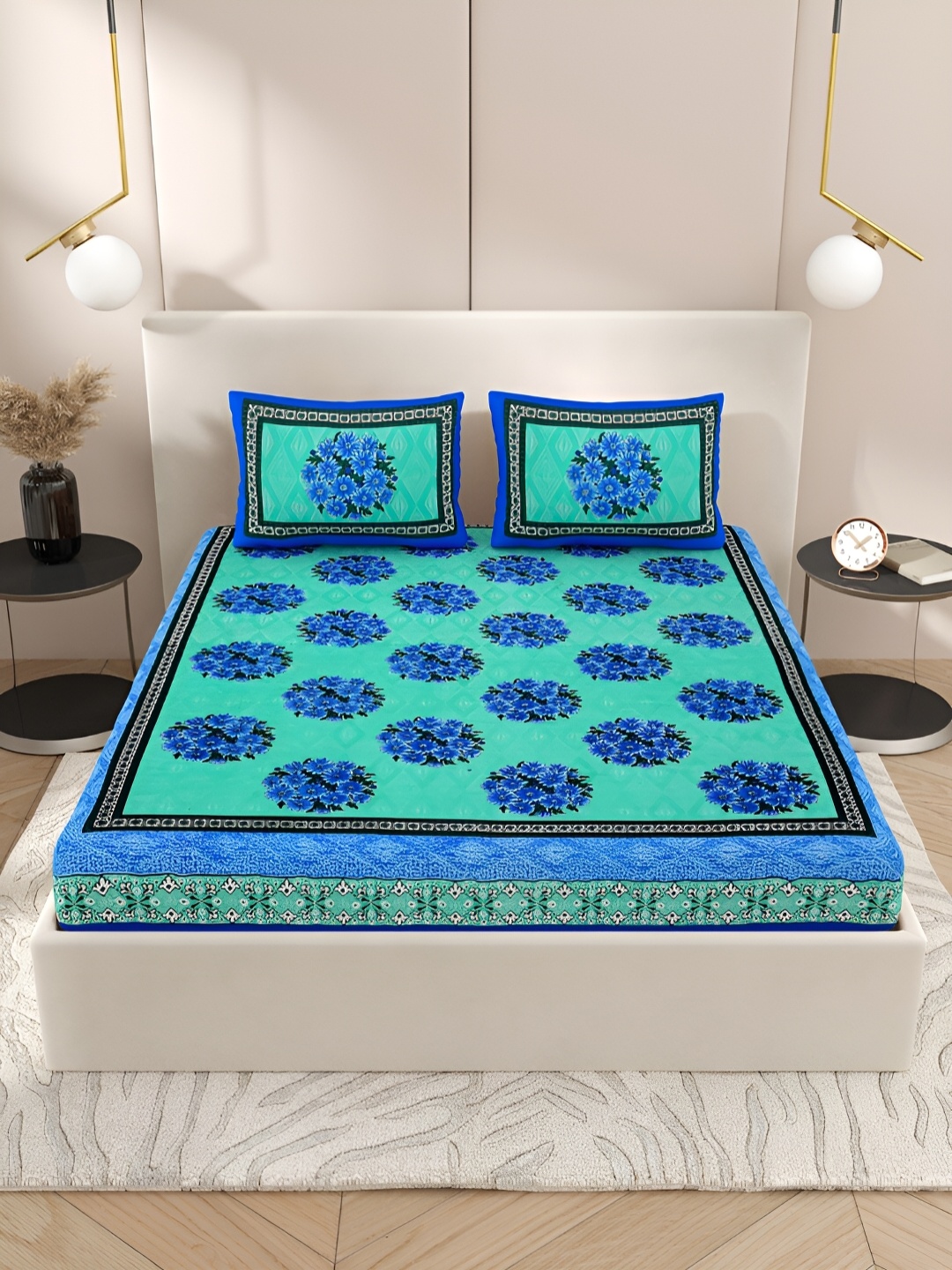 

Wayne Martin Blue & Green Floral Cotton 210 TC Queen Bedsheet with 2 Pillow Covers
