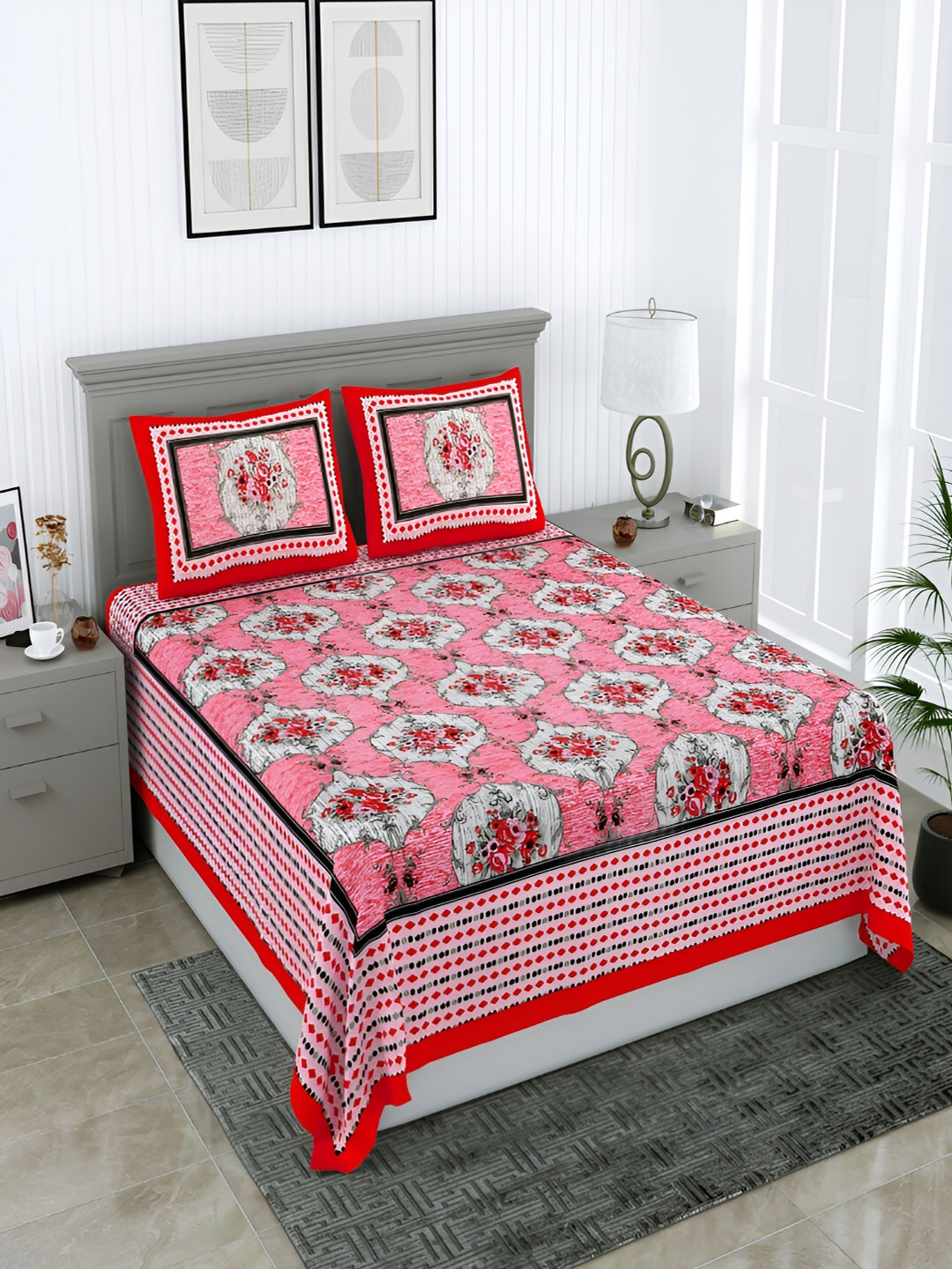 

Wayne Martin Pink & White Floral Cotton 210 TC Queen Bedsheet With 2 Pillow Covers