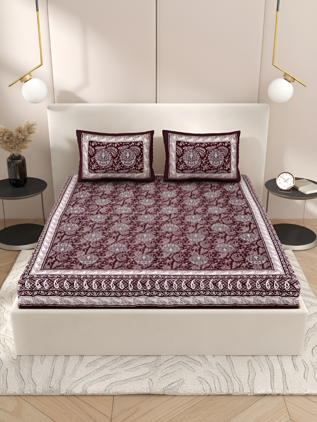 

Wayne Martin Beige Floral Cotton 210 TC Queen Bedsheet with 2 Pillow Covers
