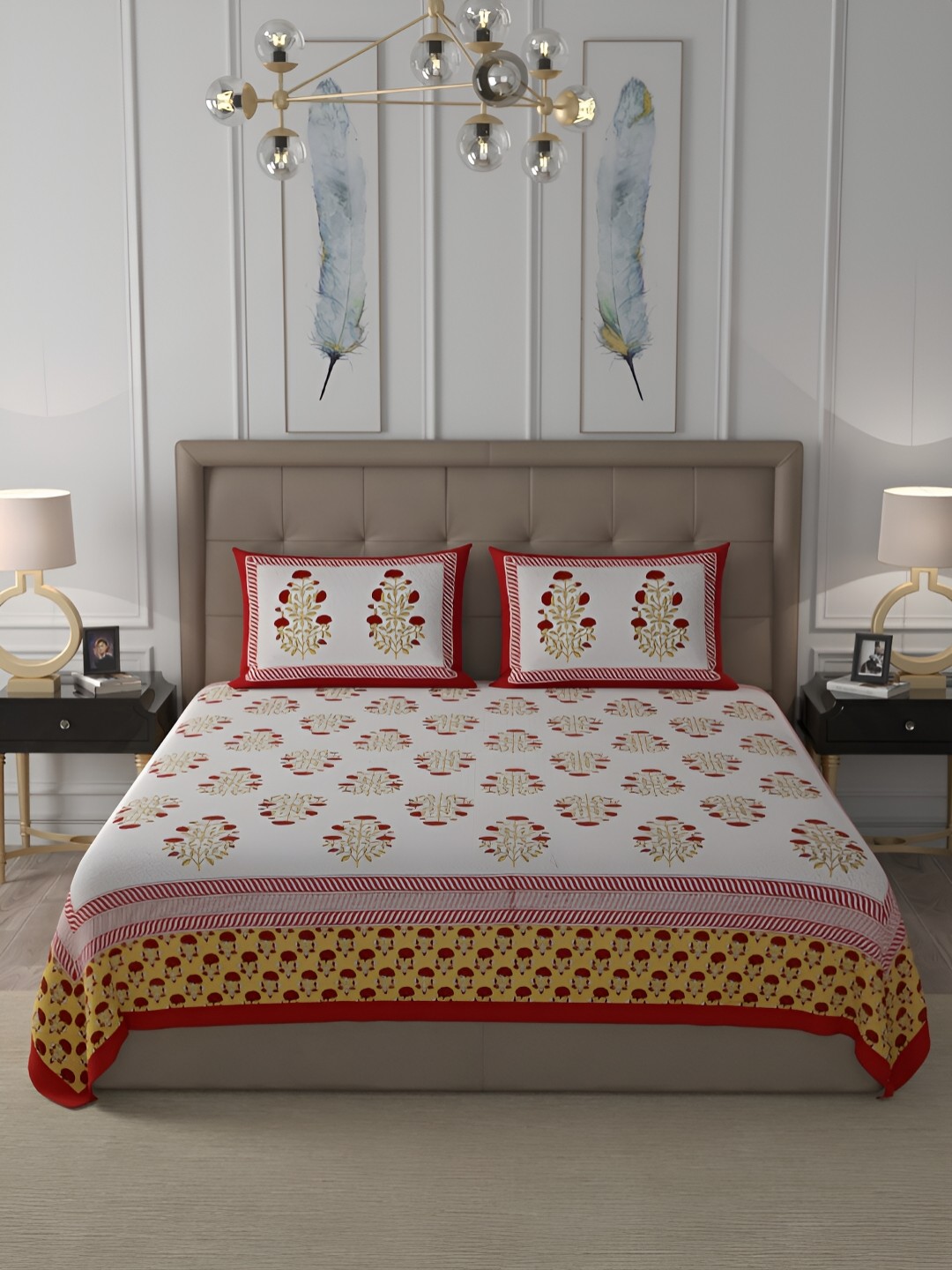 

Wayne Martin White & Red Floral Cotton 400 TC King Bedsheet With 2 Pillow Covers