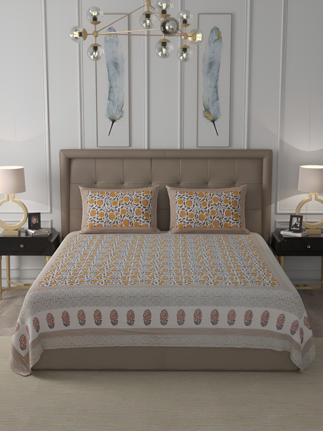 

Wayne Martin Grey & Yellow Floral Cotton 400 TC Super King Bedsheet with 2 Pillow Covers