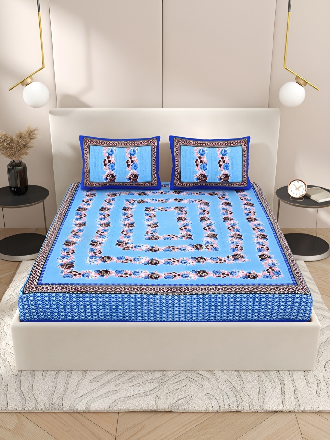 

Wayne Martin Blue Floral Cotton 210 TC Queen Bedsheet with 2 Pillow Covers