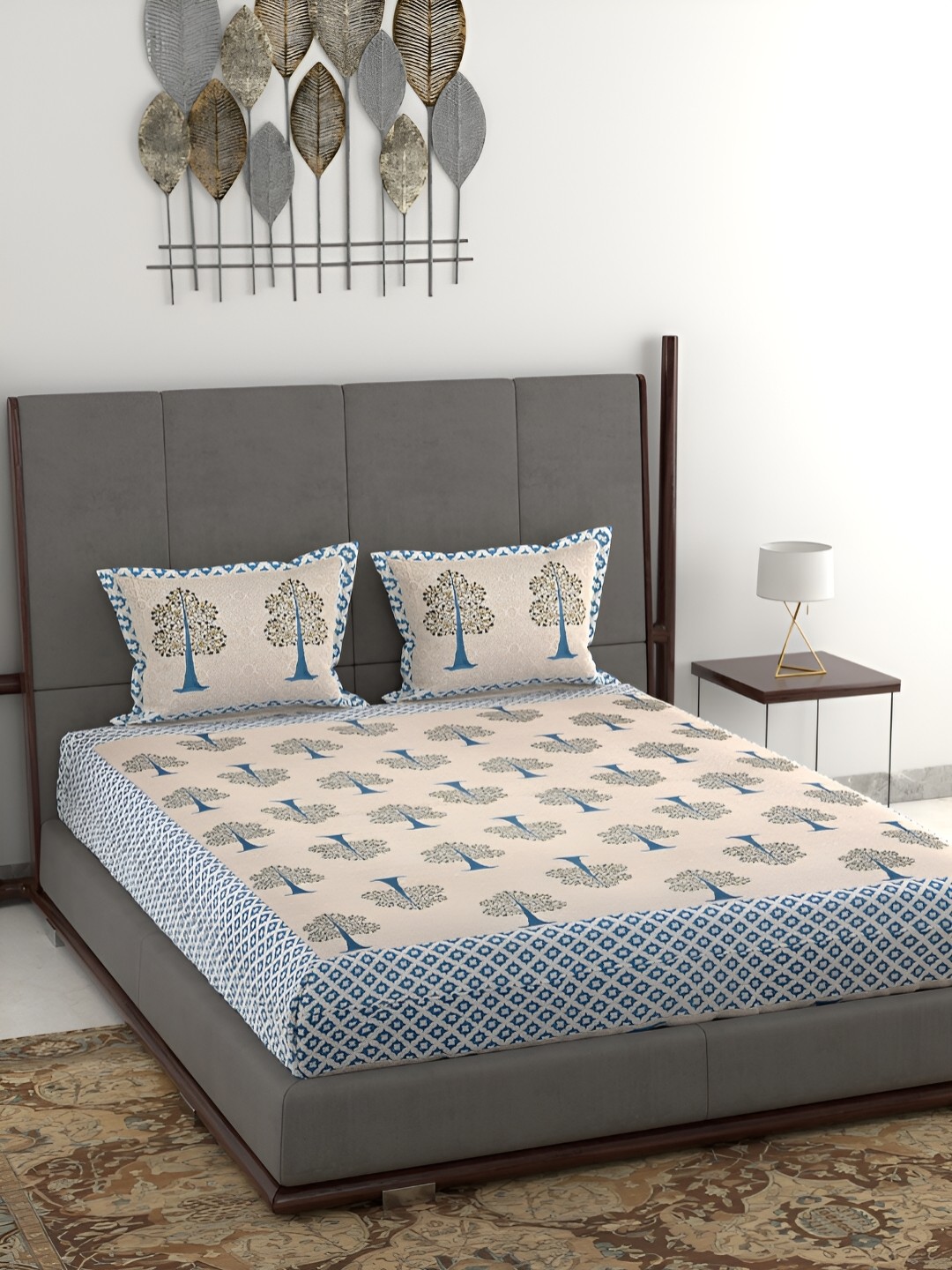 

Wayne Martin Beige & Blue Floral Cotton 380 TC King Bedsheet With 2 Pillow Covers