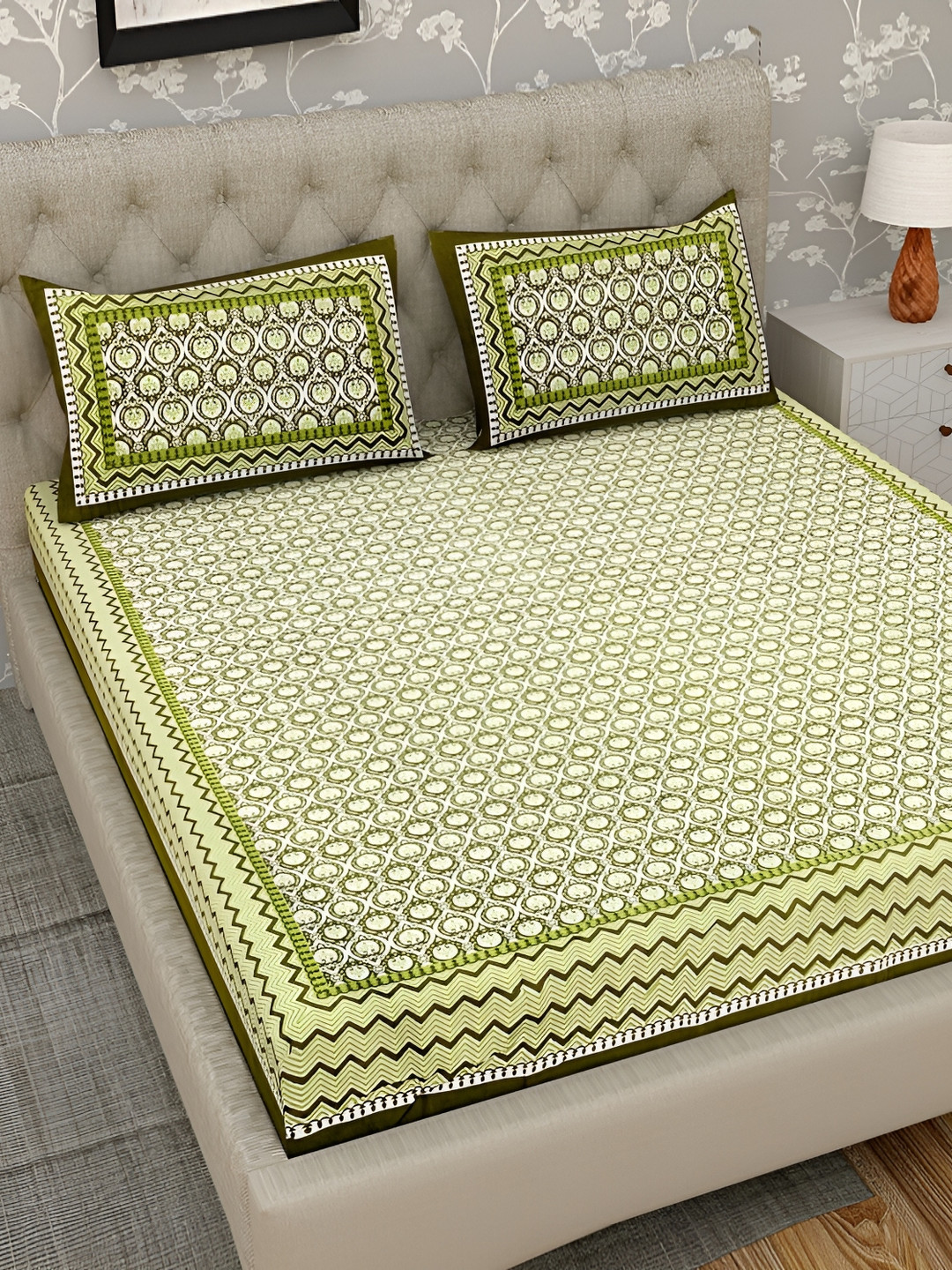

Wayne Martin Green Ethnic Motifs Cotton 330 TC King Bedsheet With 2 Pillow Covers