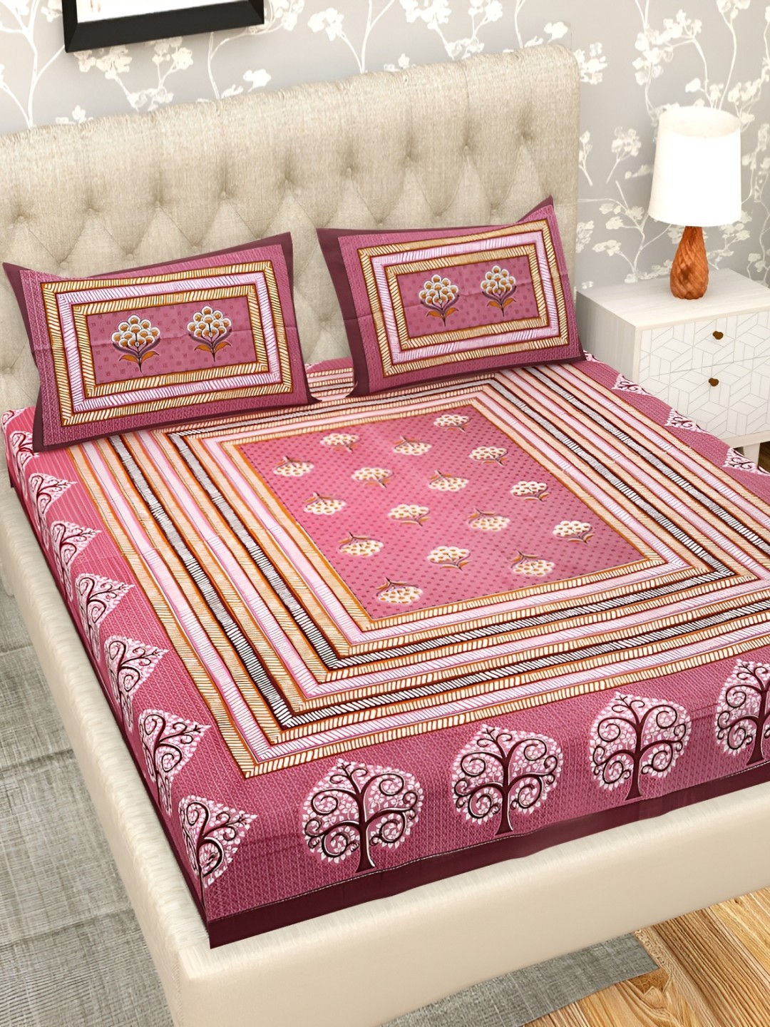 

Wayne Martin Peach Floral Cotton 210 TC Queen Bedsheet with 2 Pillow Covers