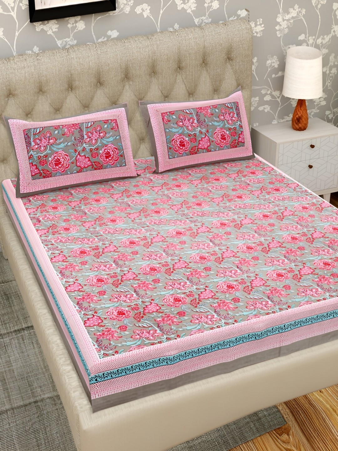 

Wayne Martin Pink Floral Cotton 330 TC King Bedsheet with 2 Pillow Covers