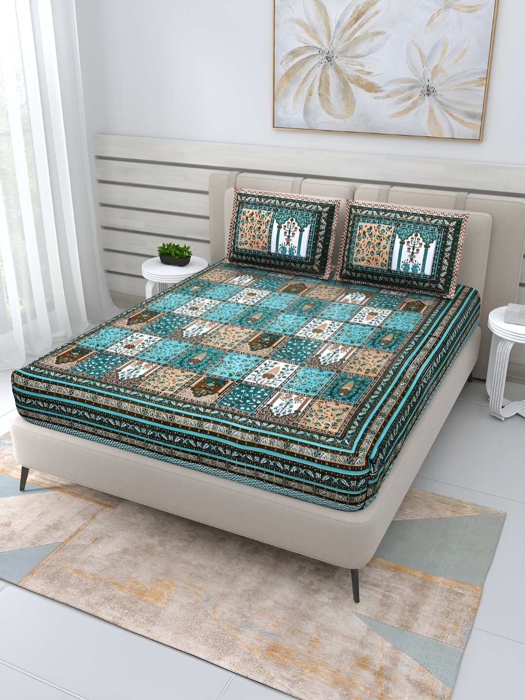 

Wayne Martin Teal & White Floral Cotton 210 TC Queen Bedsheet With 2 Pillow Covers