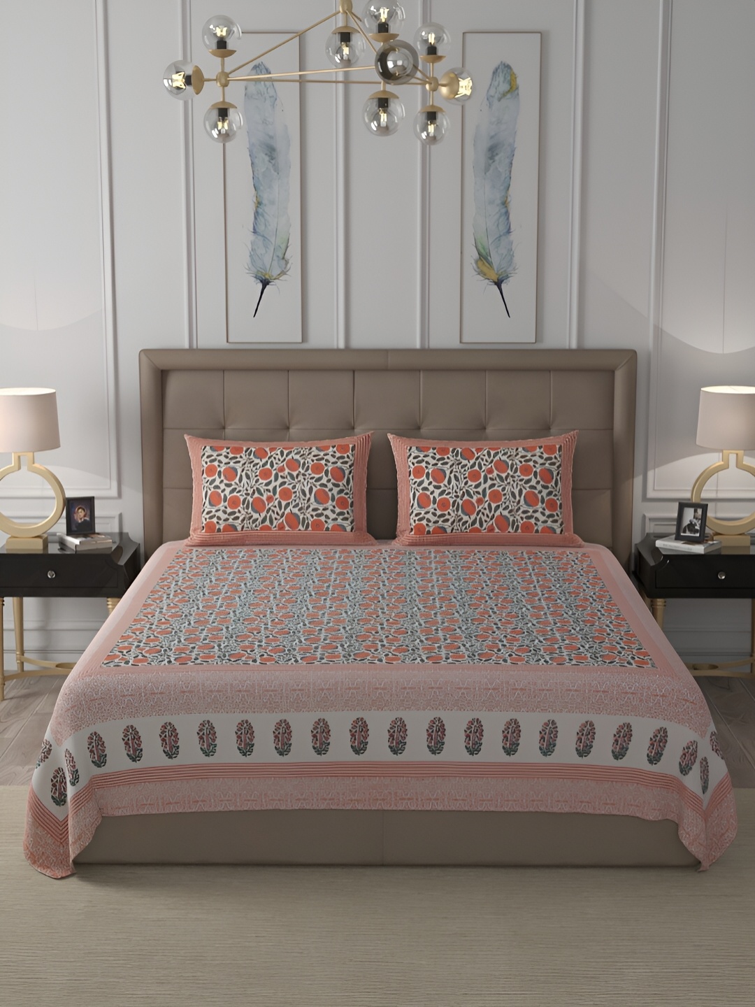 

Wayne Martin Orange & Grey Floral Cotton 400 TC King Bedsheet With 2 Pillow Covers