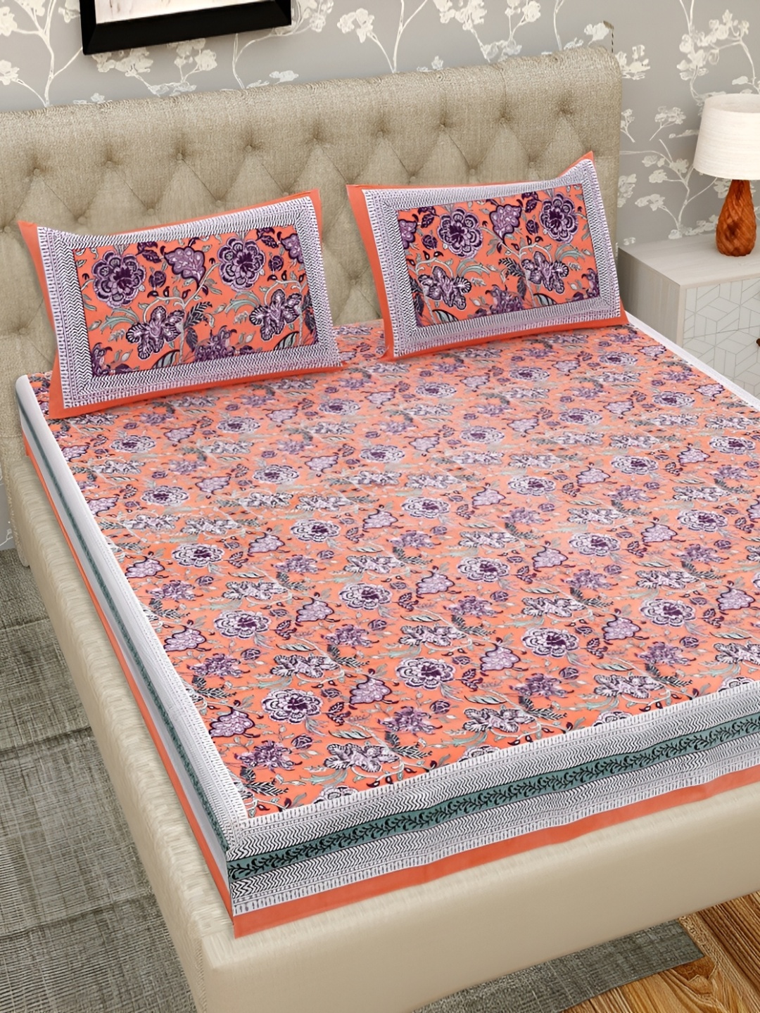 

Wayne Martin Orange Floral Pure Cotton 330 TC Double King Bedsheet with 2 Pillow Covers