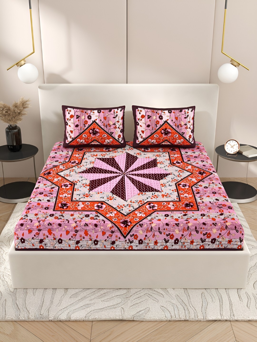

Wayne Martin Peach & Black Floral Cotton 210 TC Queen Bedsheet With 2 Pillow Covers