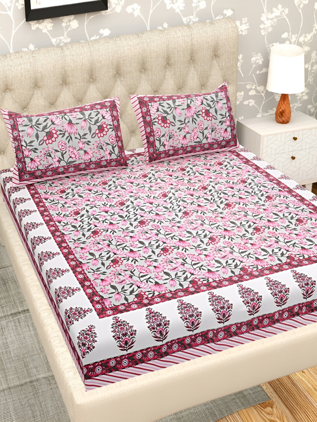 

Wayne Martin Pink & White Floral 330 TC Cotton King Bedsheet With 2 Pillow Covers