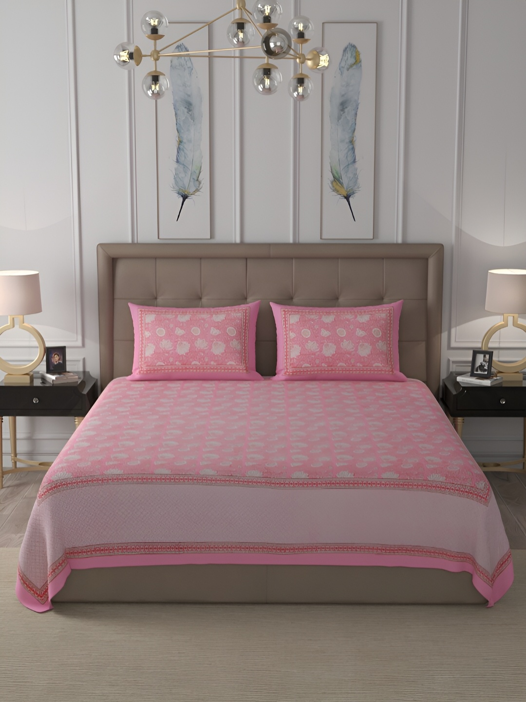 

Wayne Martin Pink Floral Cotton 400 TC King Bedsheet with 2 Pillow Covers