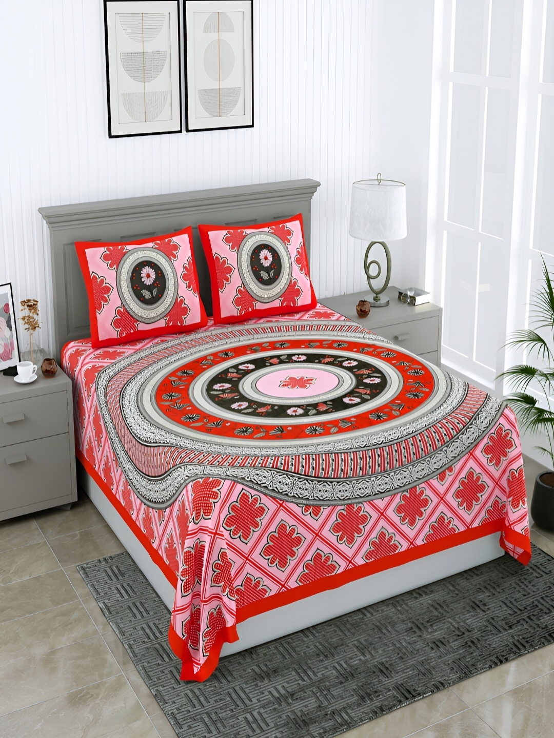 

Wayne Martin Pink & Red Floral 210 TC Cotton Queen Bedsheet With 2 Pillow Covers