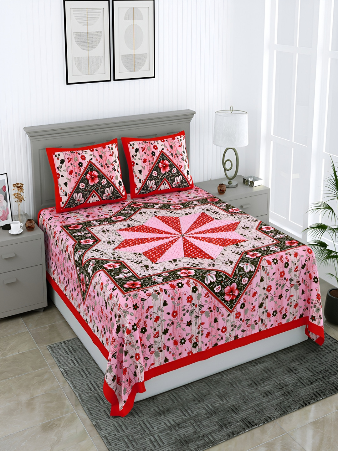 

Wayne Martin Pink & Red Floral 210 TC Queen Bedsheet with 2 Pillow Covers