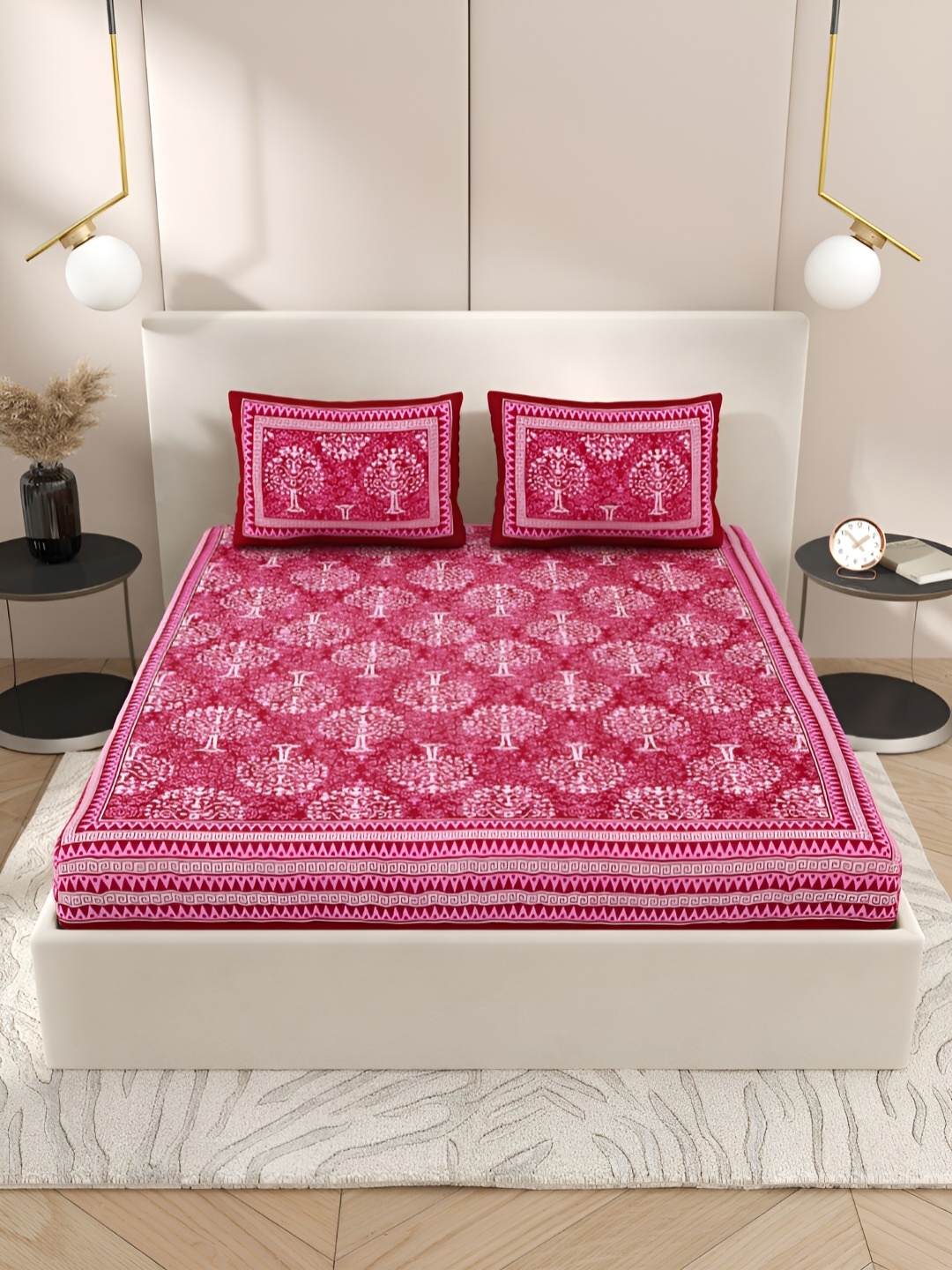 

Wayne Martin Red & White Floral Cotton 210 TC Queen Bedsheet with 2 Pillow Covers