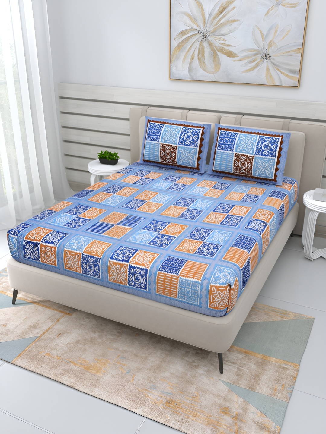 

Wayne Martin Blue & Mustard Floral Cotton 210 TC Queen Bedsheet With 2 Pillow Covers