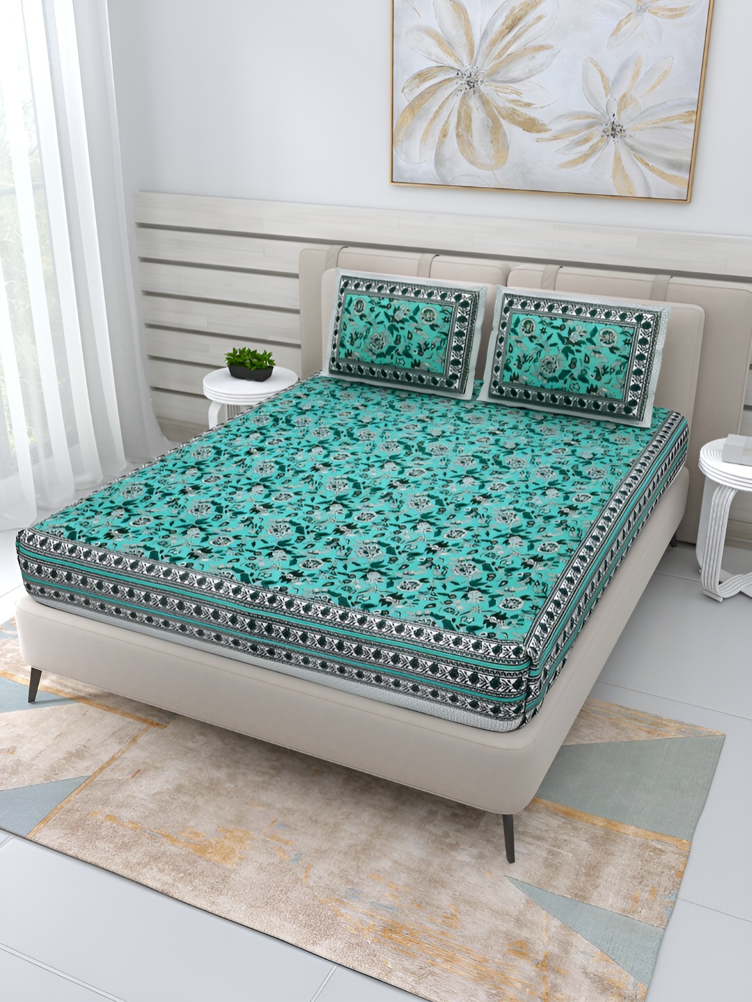 

Wayne Martin Teal & White Floral Cotton 210 TC Queen Bedsheet With 2 Pillow Covers